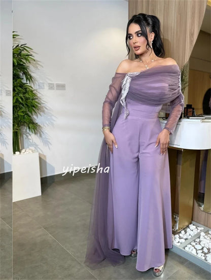 Customized Jersey Applique Cocktail Party A-line Off-the-shoulder Bespoke Occasion Gown Midi Dresses