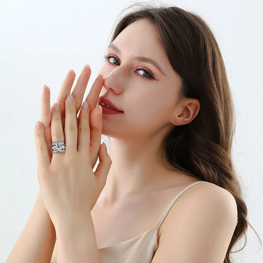 Women's PT950 Platinum Wedding Ring, Sansheng Sanshi Theme, Full Moissanite 5Ct Crown Pigeon Egg Design