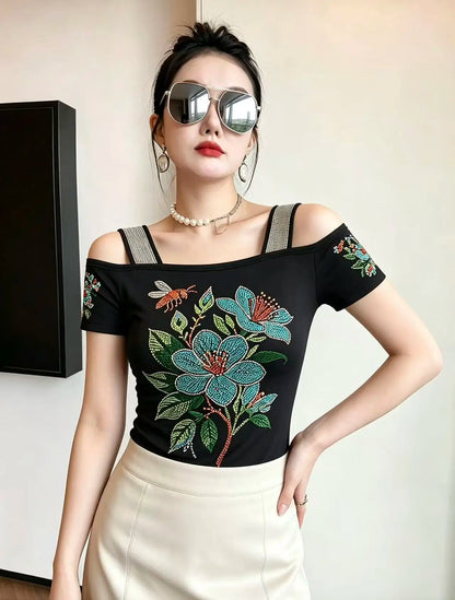 High Quality Elasticity Clothes Fashion T-Shirts Women's Sexy Off Shoulder Shiny Diamonds Mesh Tops Summer Tees Shirt