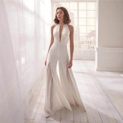 White/Black Halter Neck Backless Jumpsuits For Women Elegant Lace Trim Wide Leg Jumpsuit Wedding Bridesmaid Evening Party Prom