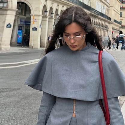 Women's Trench Style Midi Dress Stand Collar Cape Overlay Short Sleeve Belted Waist A‑Line Dresses Autumn Elegant Office Outfits