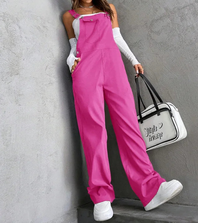 New Casual Women's Jumpsuit Spring Summer Solid Color Simple Loose Retro Style Sleeveless High Waist Backless Wide Leg Overalls
