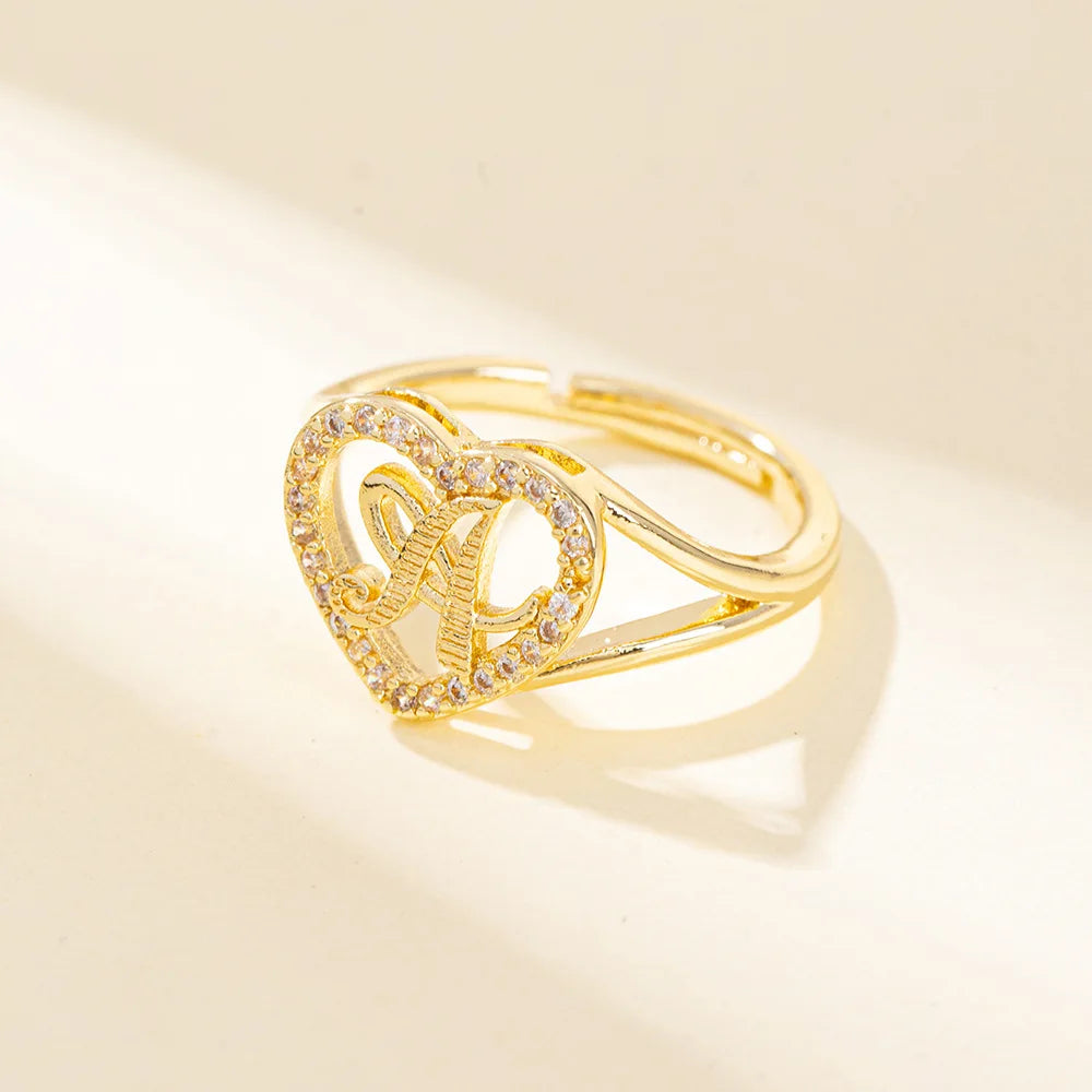 White Zircon 26 Letters A-Z Love Heart Open Adjustable Rings For Women Gold Silver Color Wedding Band Jewelry Mother's Day Gifts