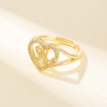 White Zircon 26 Letters A-Z Love Heart Open Adjustable Rings For Women Gold Silver Color Wedding Band Jewelry Mother's Day Gifts