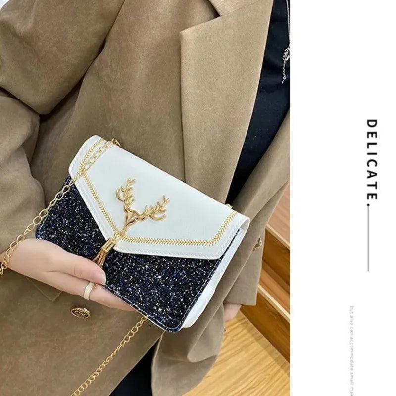 Fashion Women Shoulder Bag Deer Head Decoration Messenger Bags PU Leather Button Underarm Luxury Chain Lady Small Square Handbag