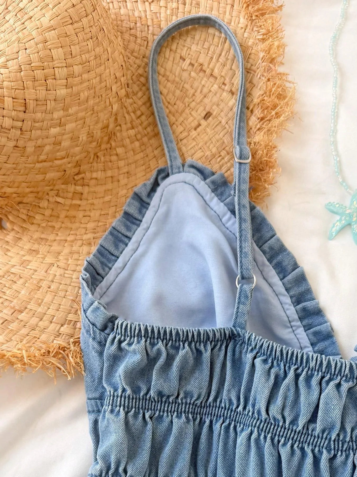 Plus Size Ruffle V-Neck Denim Jumpsuit, Elastic Waist Thin Shoulder Straps Short Jumpsuit, Comfortable and Stylish for Women