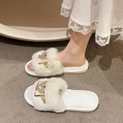 Love Chain Fluffy Women's Slippers Home Fashion Luxury Designer Shoes Woman Autumn Winter Faux Fuzzy Fur Slides Indoor Elegant