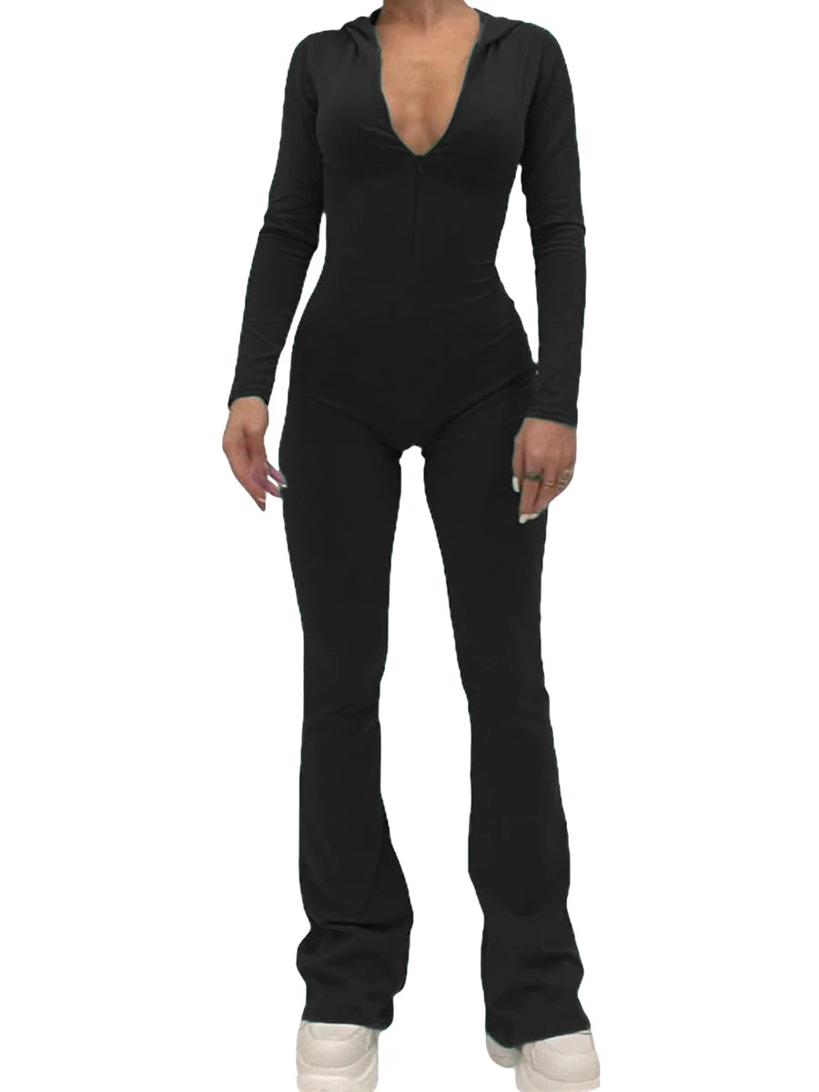 Women's Zip Up Hooded Jumpsuit New Streetwear Flare Rompers Solid Color Skinny Long Sleeve Jumpsuits Luxury Clothes Women Hot