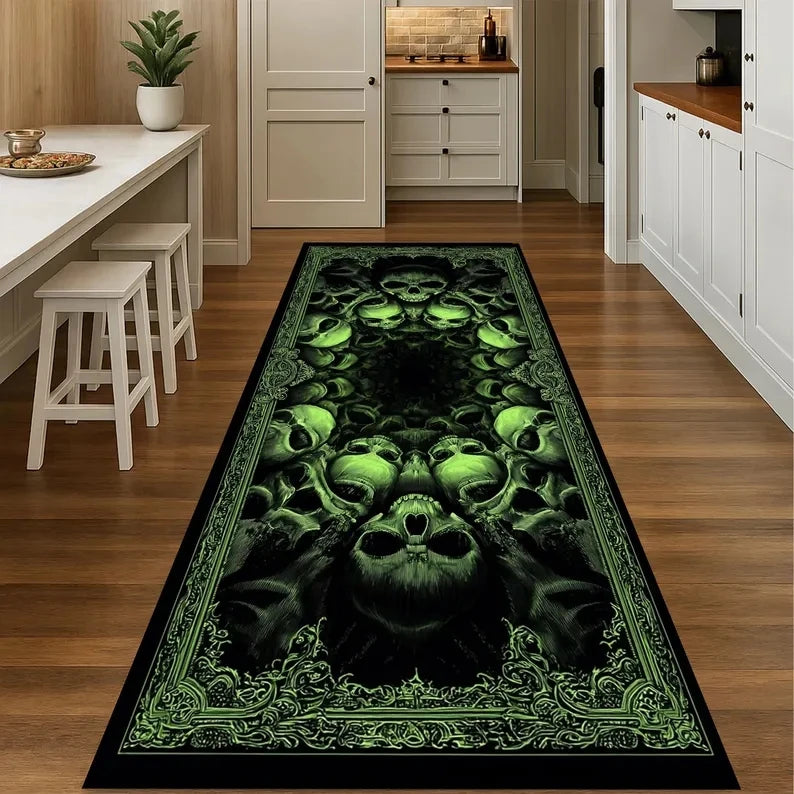 Gothic Skull Runner Rug, Dark Horror-Themed Long Hallway Carpet, Black Aesthetic Skeleton Skull Floor Mat for Bedroom or Studio