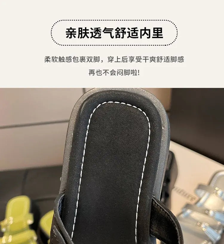 Women Thicken Soled Buckle Strap Sandals Platform High Heel Shoes Ladies Cut-Out Slippers Open Toe Flipflops Silver Beach Slides