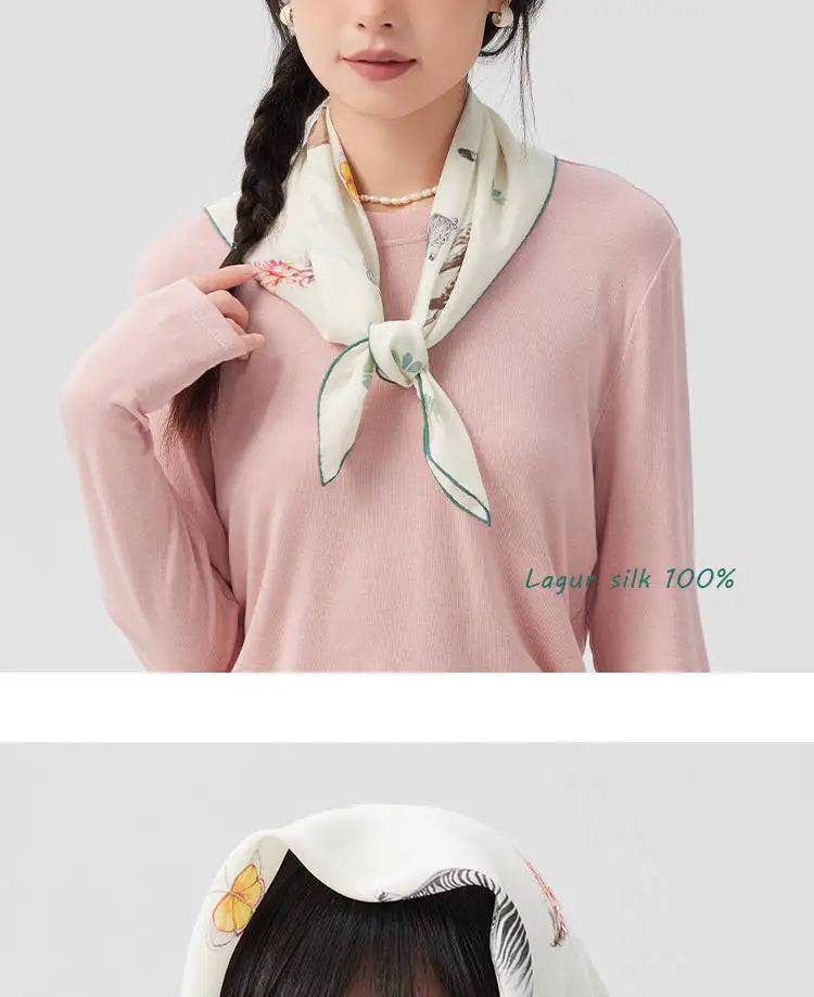 100% Mulberry Silk Square Scarf Women Animal Print Neck Scarf Soft Lightweight Neckerchief For Daily Office And Vacation Use