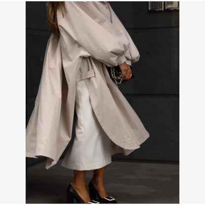 Women's Brown Stand Up Collar Long Long Trench Coat  Lantern Sleeve Side Slit Loose Windbreaker 2026 Spring Autumn Fashion Coat