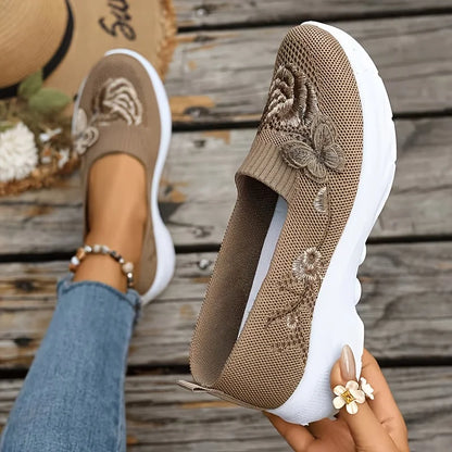 2026 Summer Women Breathable Knit Floral Embroidery Platform Loafers Slip On Walking Shoes Lightweight Soft Cushion Insole Anti Slip Wedge Sole Comfort Casual Daily Outdoor Travel Nurse Footwear Black Khaki Green Multiple Siz