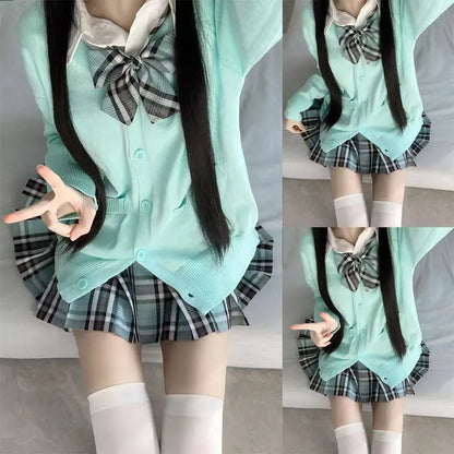 3Pc Set Japanese Korean School Uniforms Multicolor Sweater&Plaid Pleat Skirt with Bow Jk Uniform Suit Graduation Costumes Women
