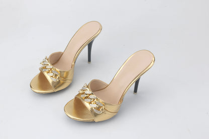 Female Summer High Heels Sexy Open Toes Slippers Luxury Rhinestone Party Dress Shoes Black Slides Sandals Women Mules Plus Size