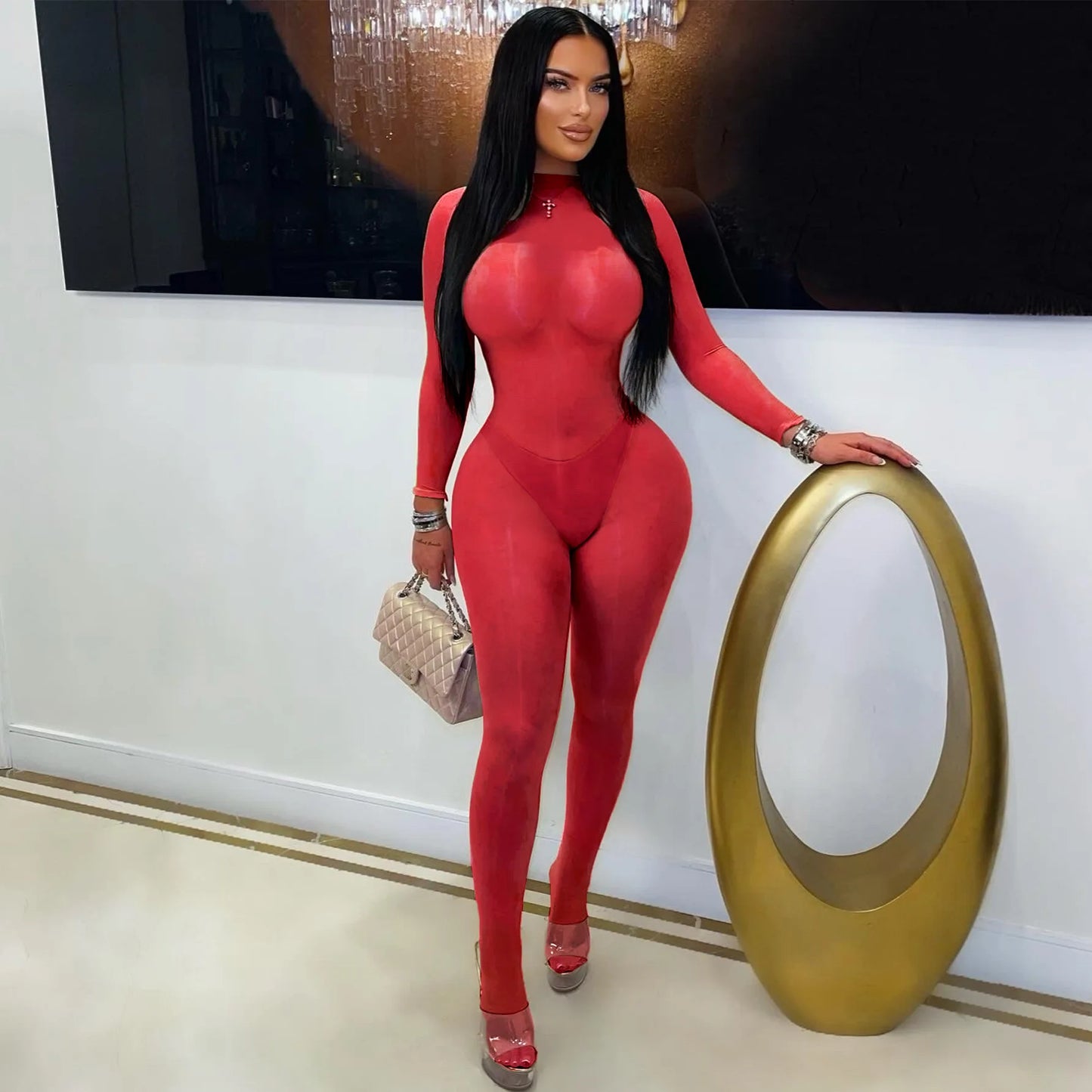 Women Sexy See Through Silky Glossy High Stretchy Seamless Skinny Jumpsuit O-neck Long Sleeve Tight Stockings Overalls pantyhose
