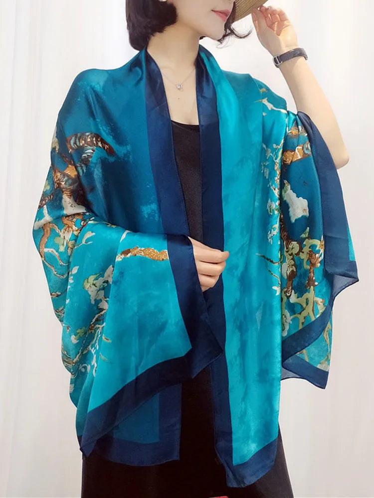 Designer Almond Blossoms Printed Silk Scarf Women Luxury Sun Protection Shawl Ladies Summer Beach Pareo Sarong Travel Wrap 180cm