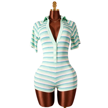 FLARORA Trend Stripe Print Rompers Woman Sexy Deep V Neck Short Sleeve Skinny Peach Hip Playsuits Hot Girl Party Club Overalls