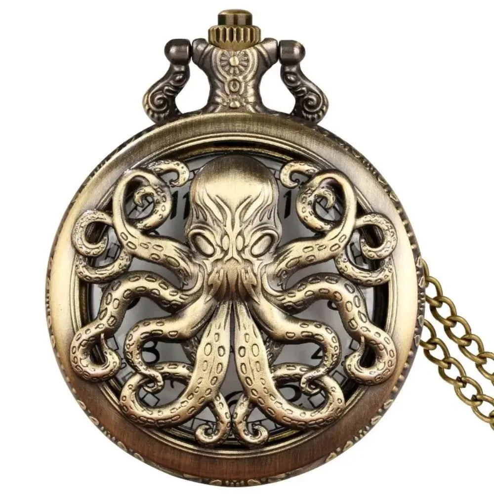Retro Octopus Pattern Quartz Pocket Watch Arabic Numerals Dial Necklace Pendant Clock Vintage Fashion Timepiece Gift Unisex