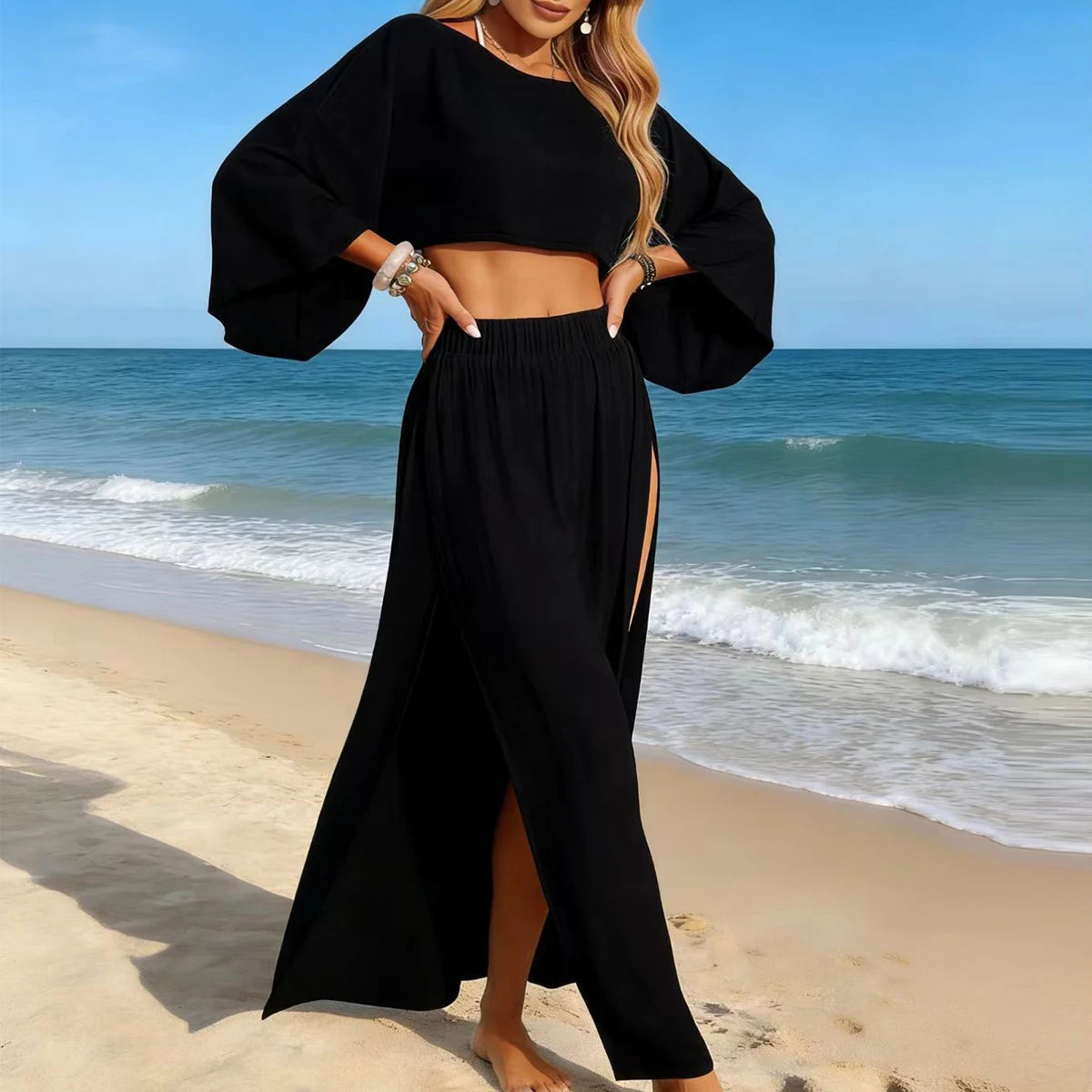 Fashion Casual Short Top and Split Skirt Set, Summer Vacation Lightweight Sheer Beach Cover-Up, Two-Piece Swimsuit for Women