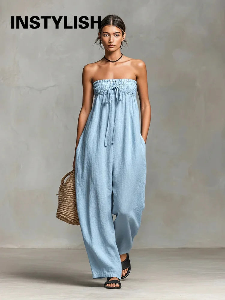 Women Strapless Wide Leg Jumpsuit Casual Cotton Linen Tube Top Romper Summer Beach Long Pants with Pockets Vacation Overalls