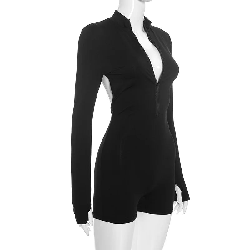 2026 Autumn Women Solid Backless Skinny Playsuits Fashion Zip-up Stand Collar Full Sleeve Ruched Peach Hip Slim Rompers Clubwear