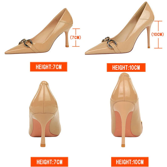 Luxury Women Pumps Metal Belt Buckle High Heels Patent Leather Women Heels Stilettos Career OL Office Shoes Plus Size 41 42 43