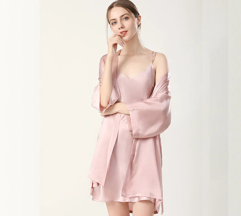 100% Real Silk Pajamas for Women Summer Two-Piece Set Sexy Cami Nightgown & Robe Set Mulberry Silk Sleepwear Autumn Winter