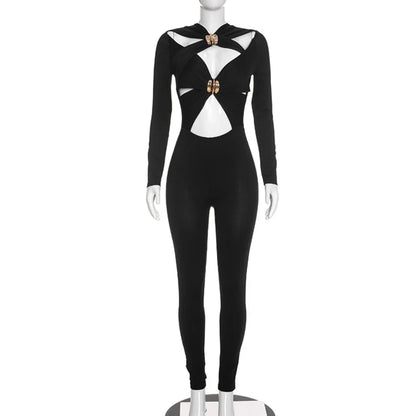 FLARORA Sexy Hollow Out Jumpsuits Woman Trend Metal Buckle Decoration Full Sleeve Skinny Peach Hip Party Club Street Overalls