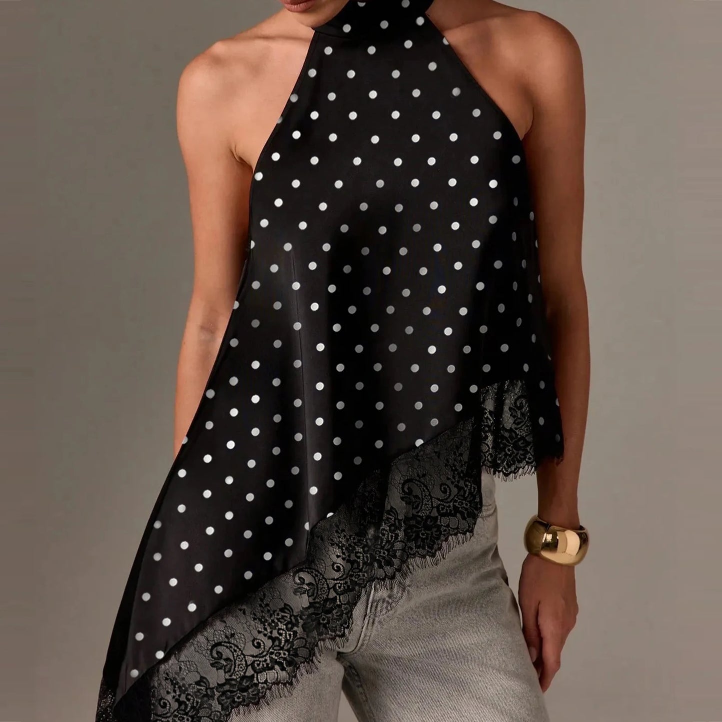 Women Y2k Mock Neck Halter Top Satin Lace Asymmetrical Hem Tank Tops Sleeveless Elegant Going Out Crop Tops