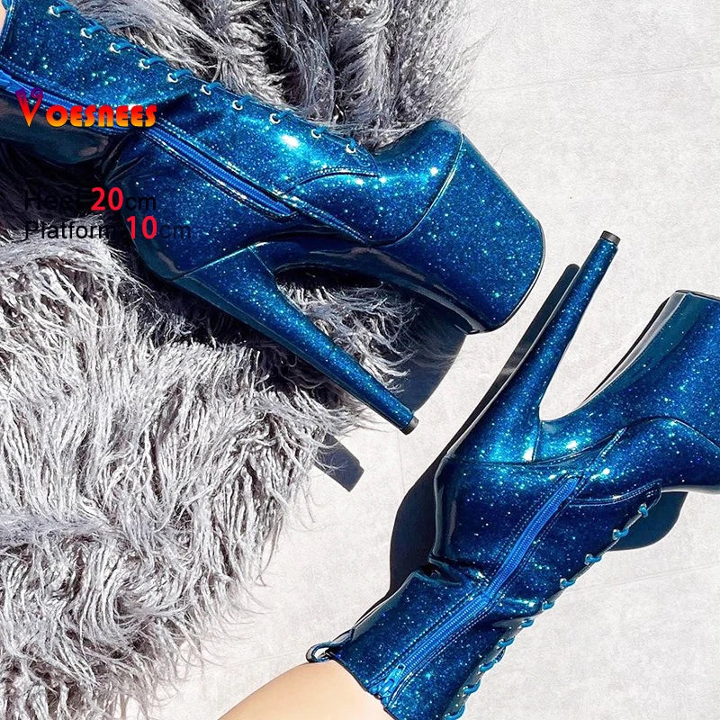 20CM/8Inch Bling Pole Dance Boots Woman Glossy Patent leather Red lace-up Nightclub Shoes Extreme high heel Platform Short Boots
