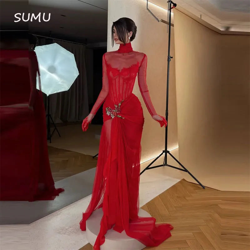 Customized Evening Dress   High-neck Fashion Flowers Backless Full Sleeve Prom Gown Floor-length Lace-up Party Gown