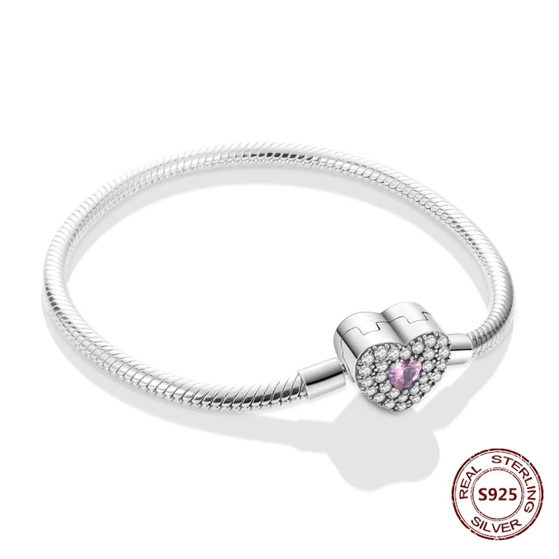Silver 925 Bracelet Original Bracelets Colorful Zircon Heart Flower Cat Snake Chain For DIY Charms 17-20CM Luxury Jewelry Gifts