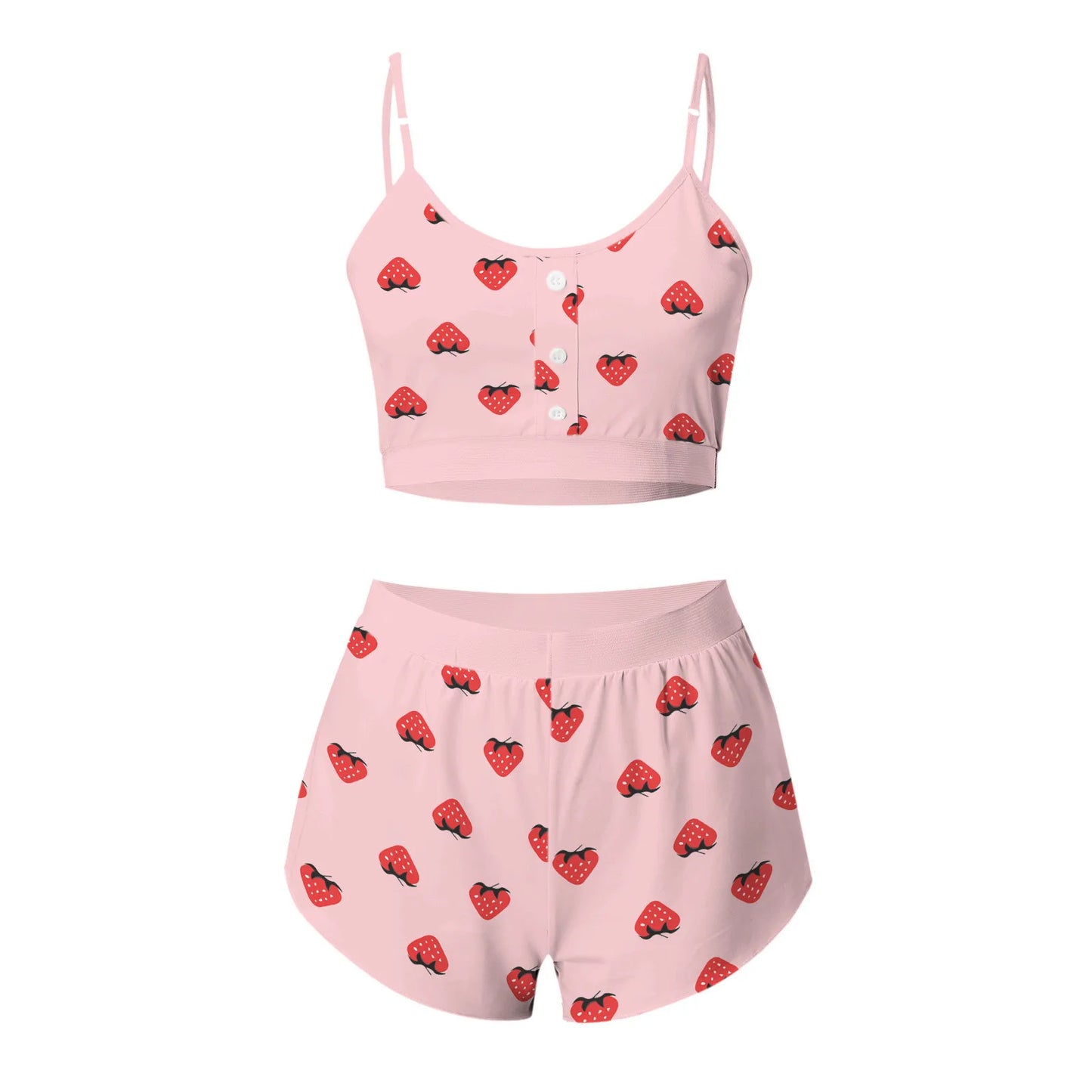 Summer Pajama Sets for Women Sleepwear Strawberry Printed Lace Sling Crop Tops and Shorts 2-Piece Set Loungewear Pijamas