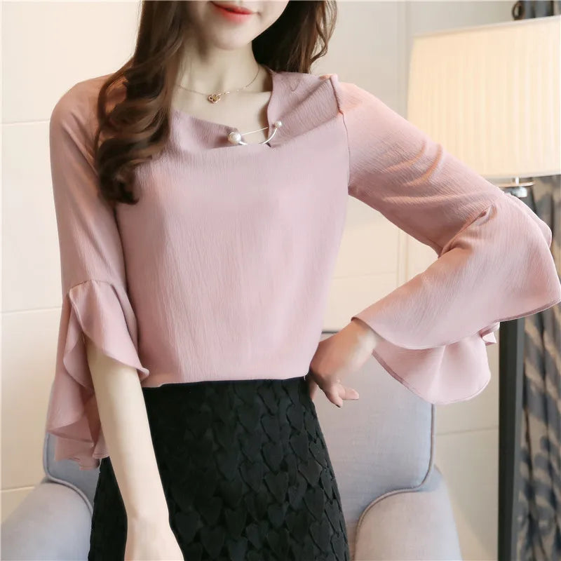 Seven-point Female Ruffled Sleeved Loose Shirt Chiffon Blouses