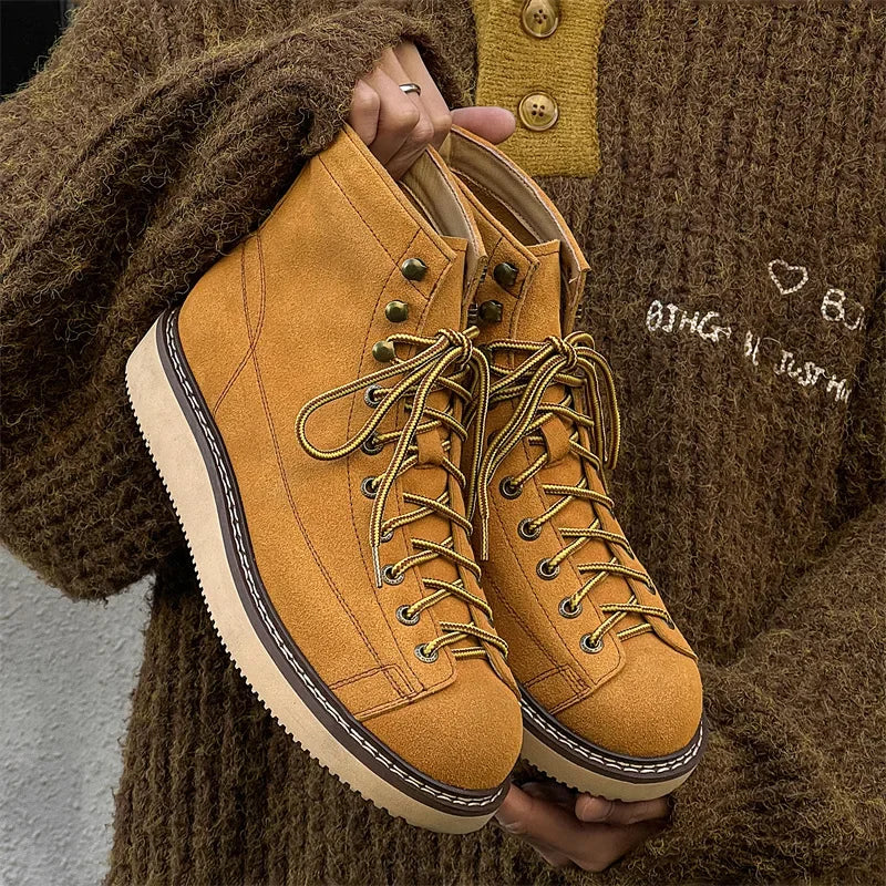 New High Quality Handmad Men Luxury Real Cow Suede Leather Shoes Tooling Ankle Boots Desert Platform Boots Work Motorcycle Boots