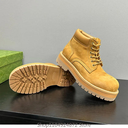 Handmade Men's Shoes Thick Sole Casual Genuine Leather Work Motorcycle Boots Male Desert Outdoor Youth Oxford Ankle Boots