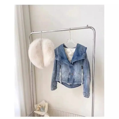 Winter Thickened Short Denim Jacket Fashion  Parkas Jeans Jacket Luxury Fur Coat Removable Fur Collar Cotton Jacket New