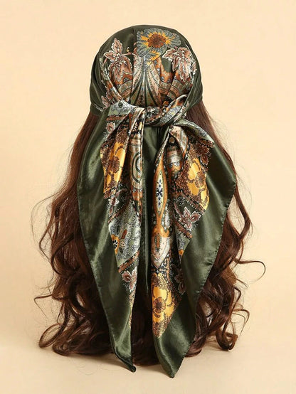 1pc Bohemian Print Faux Silk Satin Scarf Square Hijab New Elegant Floral Women Bandana Shawl Breathable Versatile Scarves