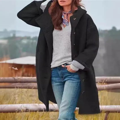 Manteaux Femme Winter Warm Woolen Coat Solid Color Manteau Femme Hooded Fashion Womans Clothing Single-breasted Hooded Long Coat