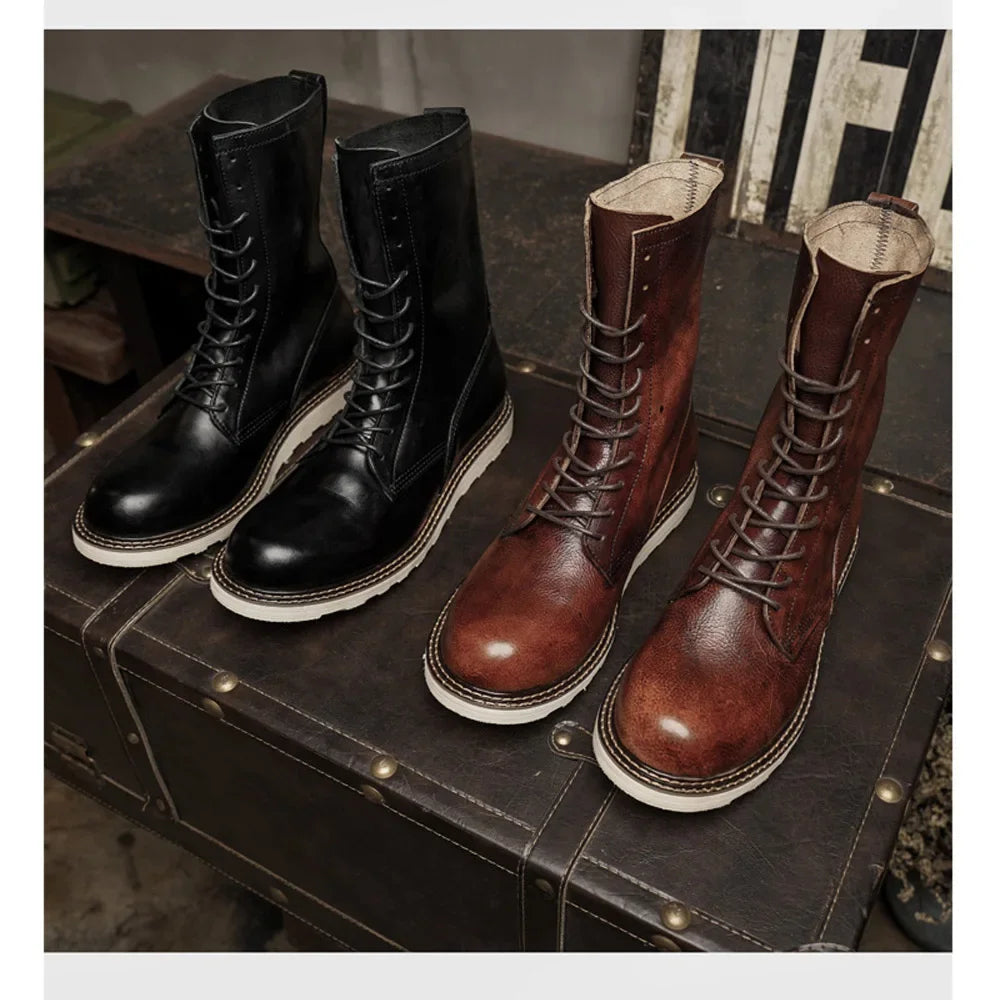 Fashion Men's Cow Genuine Leather Motorcycle Boots Brogue Shoes Retro High Round Toe Mid-calf Western Chelsea Riding Boots