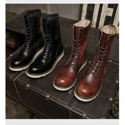 Fashion Men's Cow Genuine Leather Motorcycle Boots Brogue Shoes Retro High Round Toe Mid-calf Western Chelsea Riding Boots