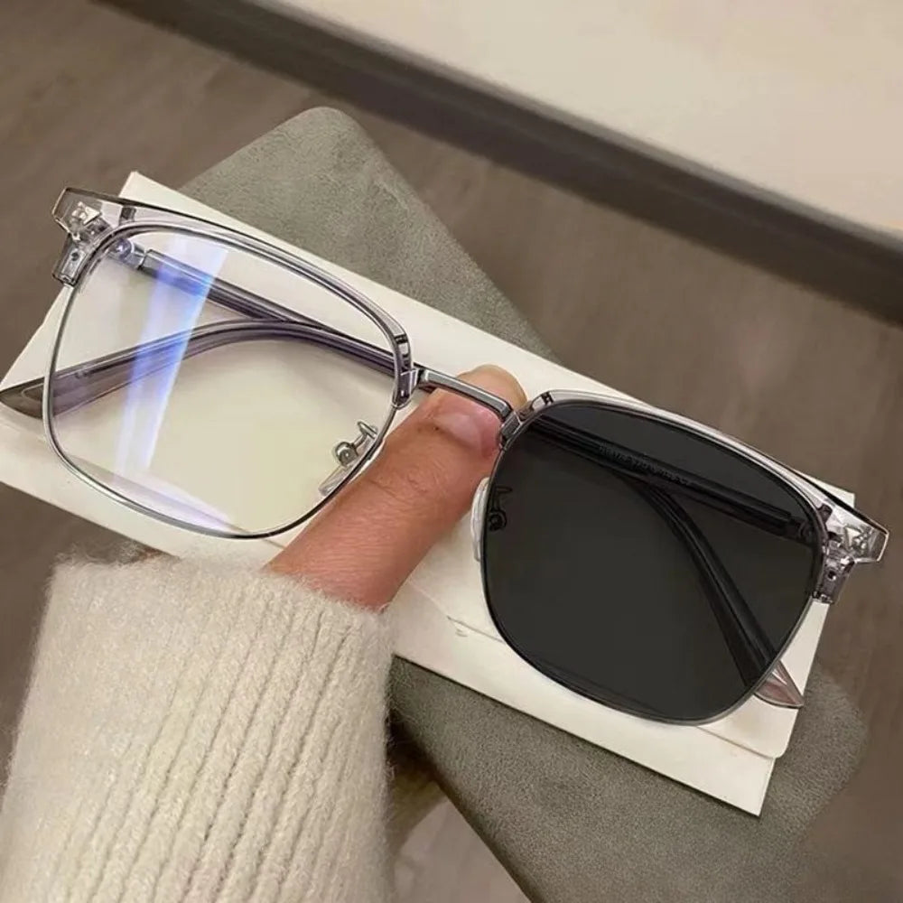 Photochromic Anti Radiation Blue Light Eyeglasses Square Metal Frame Computer Glasses for Women Men Replaceable Lens