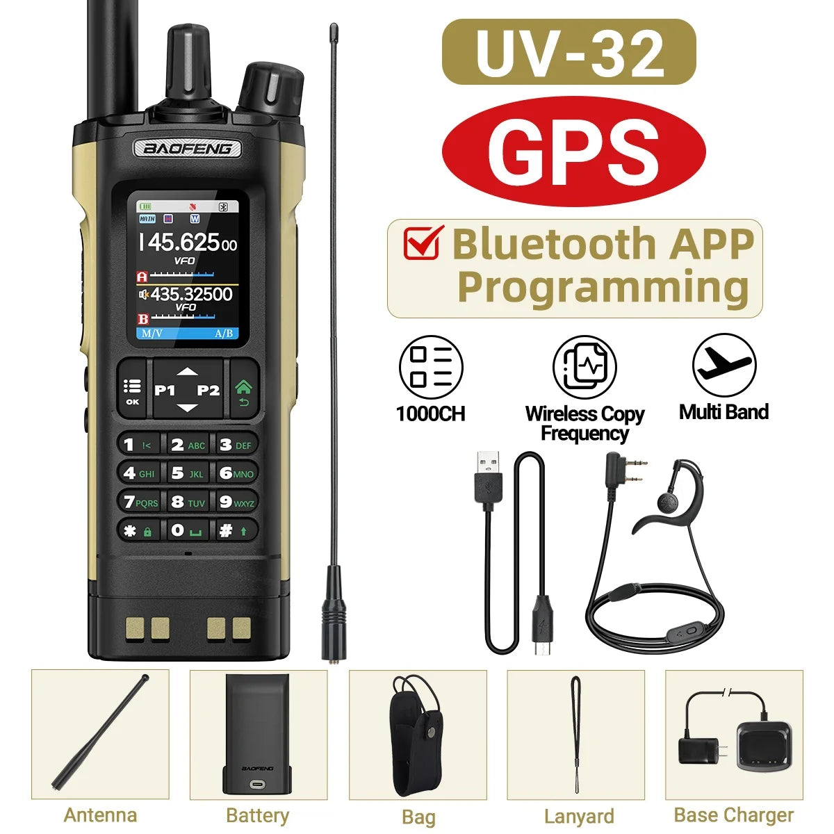 Baofeng UV-32 Walkie Talkie GPS 10W High Tri Power Bluetooth Wireless Programming UHF VHF Scrambler Type C Charge Two Way Radio