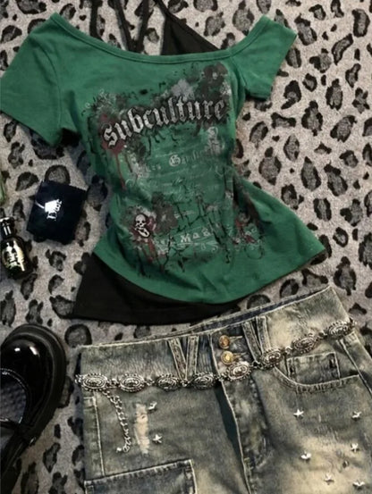 American Vintage Letter Print Fake Two Halter T-shirt Women Short Sleeve Patchwork Slim Crop Tops Y2k Aesthetic Harajuku Tees