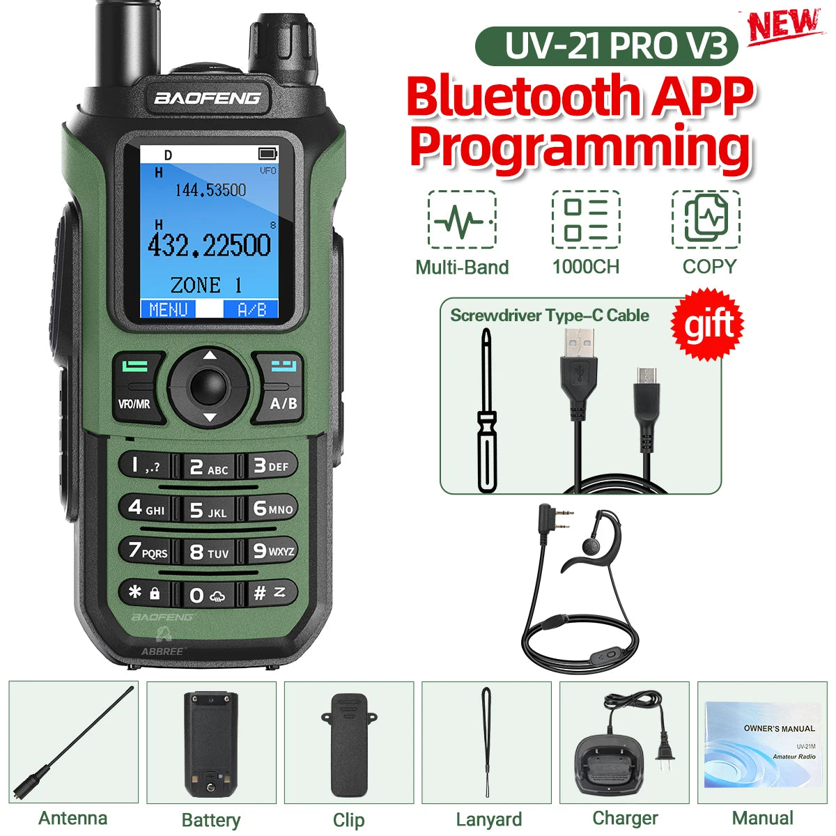 Baofeng UV-21 Pro Walkie Talkie V2 Multi-band Wireless Copy Frequency Waterproof Long Range Type-C Two Way Radio For Camping