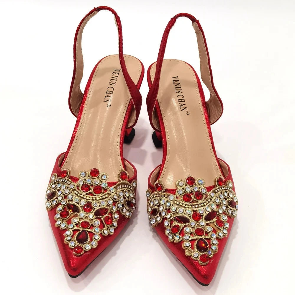 Exquisite 2024 Elegant Woman High Heels Peep Toe Shandals with Rhinestone Italian Design Shoes and Bags Set for Party