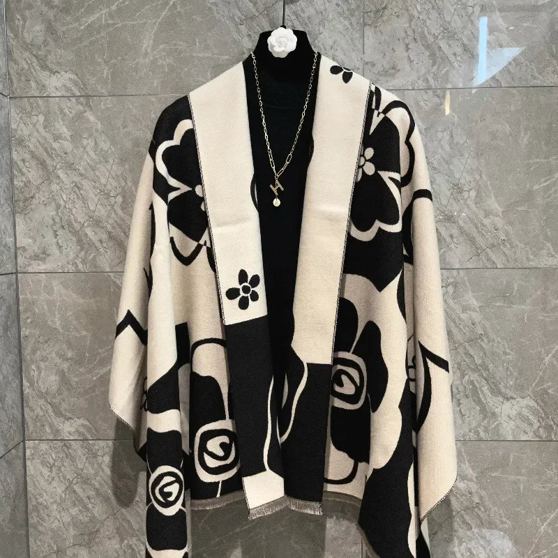 Elegant Women Flowers Soft Acrylic Cashmere Scarf Shawl Autumn Winter Neckerchief Spring Summer Travel Cape Long