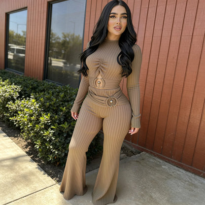 Solid Women Jumpsuits For Spring Autumn Long Sleeve O-Neck Loose Fashion Streetwear Hollowed Out Overalls Pants Trousers 2026