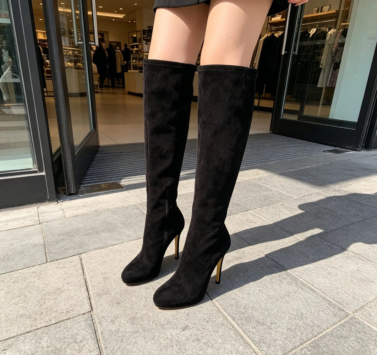 Women's Black Suede Knee High Boots, Platform Stiletto Heel Tall Boots, Elegant Pointed Toe Winter Dress Boots, Luxury Designer